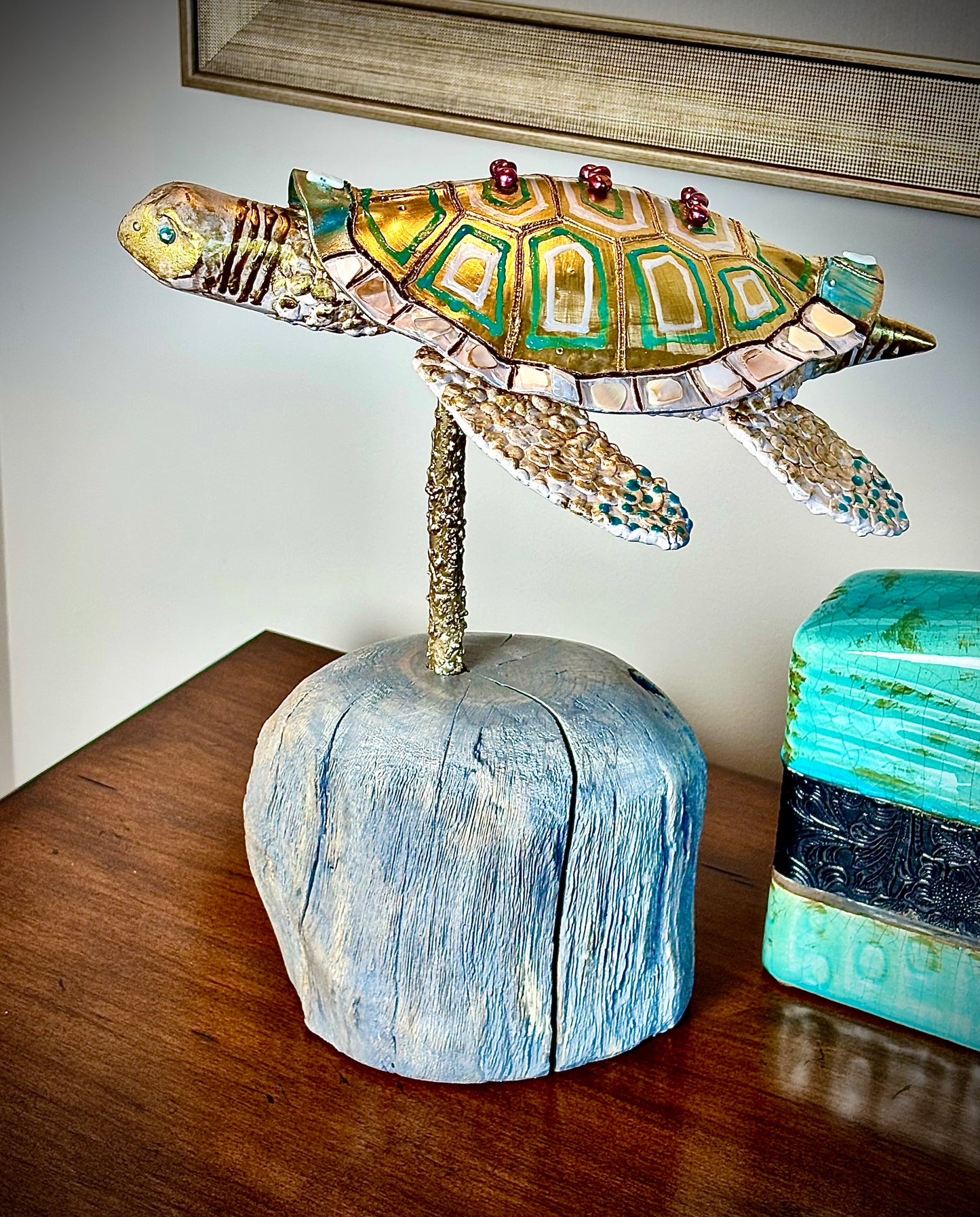 Handmade Turtle Lamp- "CONCH SHELL & SEA AQUA" Color Palette