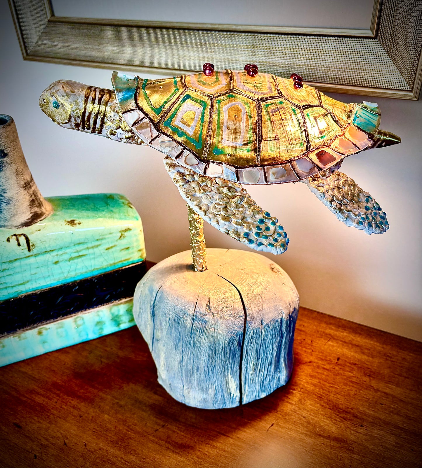 Handmade Turtle Lamp- "CONCH SHELL & SEA AQUA" Color Palette