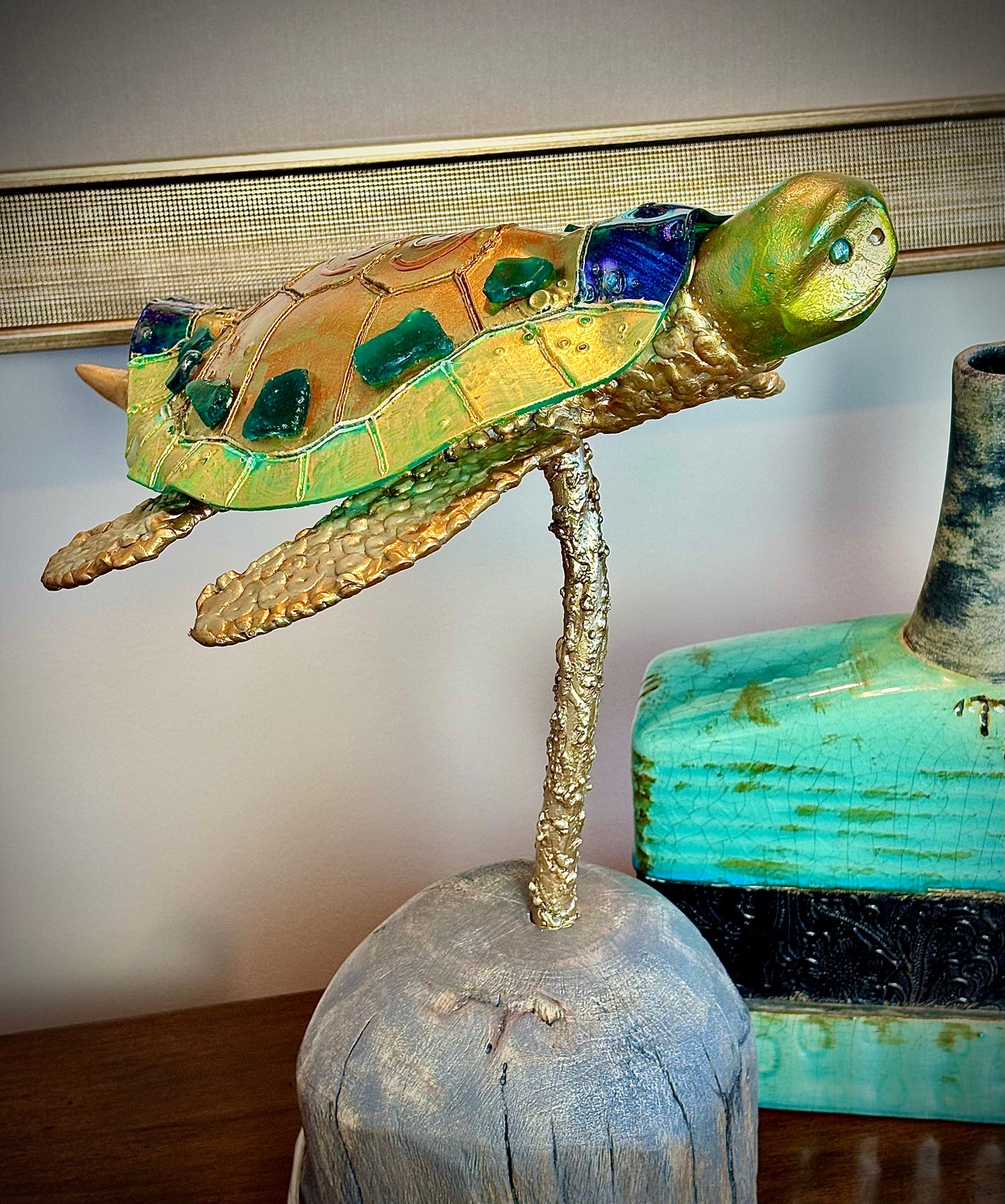 Handmade Turtle Lamp- "BRONZE, COPPER & GREEN-GOLD"